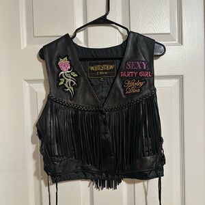 Unik Black Leather Vest with Colorful Embroidery front and back